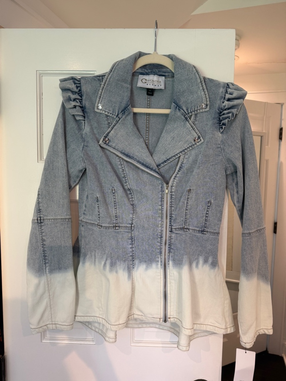 Christian Siriano peplum faded moto denim jacket